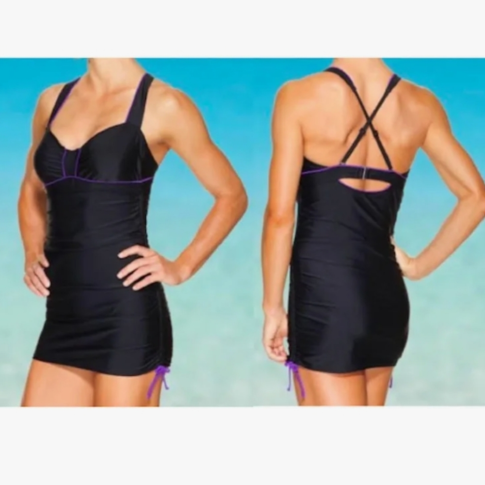 NWT Athleta Sara One Piece Swimdress Black Purple Trim Size 32B/C
